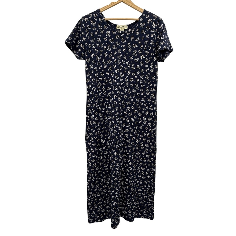 Eddie Bauer Pullover Prairie Maxi Dress Blue Floral Womens small petite cottage